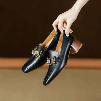 2023 женские туфли-лодочки из натуральной кожи 22-25 см, выстиранная воловья кожа + свиная кожа, металлические лоферы со стразами, винтажная обувь с квадратным носком