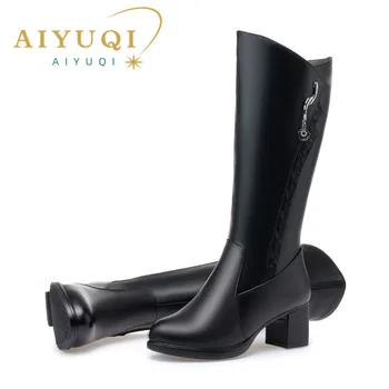 AIYUQI/ женские высокие сапоги из натуральной кожи, Зимние новые ботинки для верховой езды, женские модные теплые нескользящие длинные сапоги большого размера для женщин
