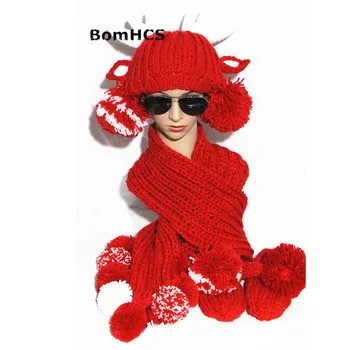 BomHCS Милая шапка с оленьими рогами + шарф + перчатки, Зимний костюм ручной вязки, Теплая Подарочная шапочка, Шейный платок, Варежки