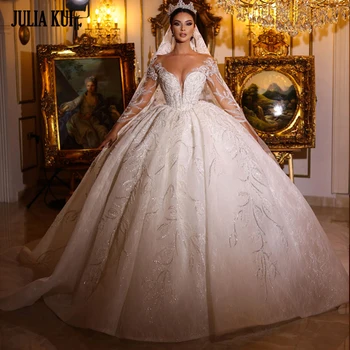 Julia Kui Роскошное Кружевное бальное платье с вышивкой и аппликацией, Свадебные платья с V-образным вырезом и длинными рукавами, расшитые бисером и жемчугом Свадебные юбки