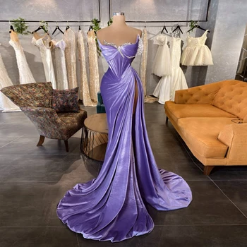 MANRAY Сексуальные фиолетовые вечерние платья русалки С разрезом сбоку и открытыми плечами, расшитое бисером плиссированное вечернее платье для выпускного вечера, Вечернее платье Невесты Из Саудовской Аравии