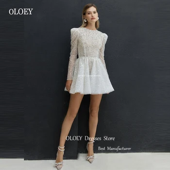 OLOEY 2023, блестящие Короткие свадебные платья трапециевидной формы с драгоценным вырезом и длинными рукавами, Мини-блестящие свадебные платья, вечернее платье для вечеринки