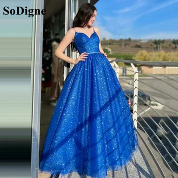 SoDigne Синие блестящие вечерние платья с блестками 2023, сексуальные чайные платья трапециевидной формы с поясом, женские вечерние платья для выпускного вечера