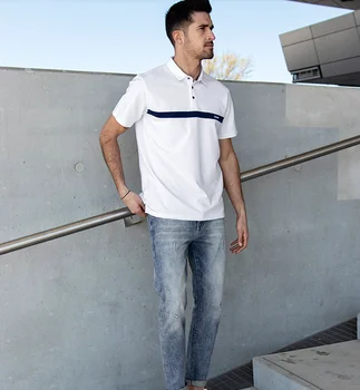 W4584- летняя новая мужская рубашка поло, мужская хлопковая белая футболка с отворотом, расшитая бисером.J8486
