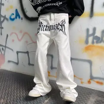 Американские джинсы High Street Мужские Темные Прямые Свободные ins Модные Длинные Брюки с вышитыми буквами