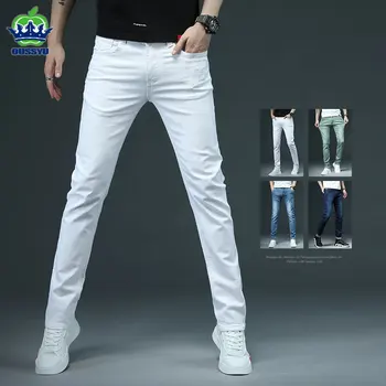 Брендовая одежда OUSSYU, Белые обтягивающие джинсы, Мужские хлопковые синие облегающие Уличные классические однотонные джинсовые брюки, мужские новинки 28-38