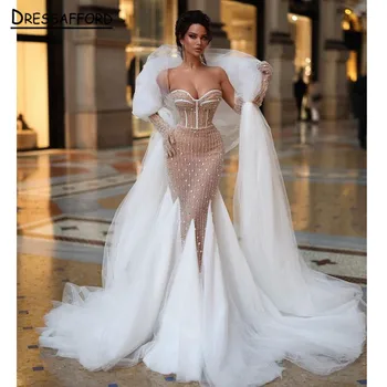 Великолепные Свадебные платья Русалки Со Съемным Шлейфом С открытыми плечами, Кружевное Свадебное платье Vestidos с открытой спиной, Свадебное платье в Дубае 2023