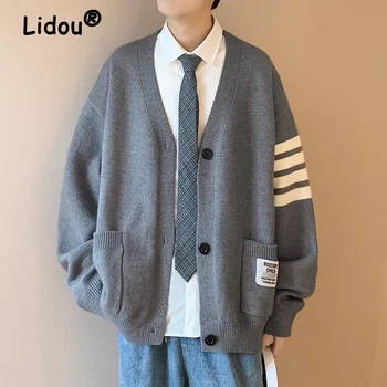 Весенне-осенний Японский элегантный дизайн, полосатый вязаный кардиган в стиле ретро с V-образным вырезом, свитер, Мужская Повседневная Свободная уличная одежда, вязаные пальто, куртка