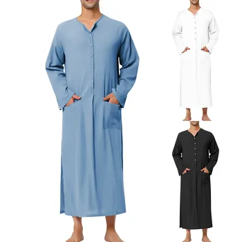 Винтажные Свободные мусульманские халаты-кафтаны, Мужская Мода с длинным рукавом, Jubba Thobe, Мужская одежда для Отдыха, однотонный узор, исламская одежда