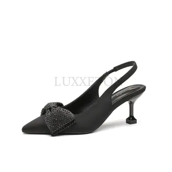 Женские босоножки-мюли для вечеринки, пикантные черные новые женские туфли на высоком каблуке-шпильке с острым бантом и ремешком сзади, украшенные стразами