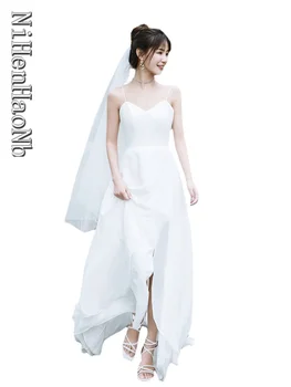 Женские летние Элегантные белые свадебные платья на бретелях, Шикарное свадебное платье во французском стиле, модное свадебное платье с открытой спиной