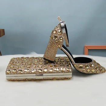 Женские свадебные туфли с украшением в виде кристаллов цвета шампанского и соответствующими сумками, роскошные туфли на толстом каблуке и платформе, женские вечерние модельные туфли