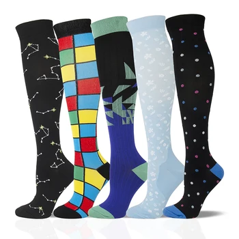 Компрессионные носки, 5 пар в комплекте, Мужские и женские носки для бега, Спортивные компрессионные носки для гонок на открытом воздухе, Длинные чулки высокого давления