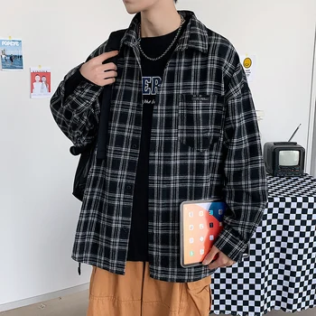 Мужская Клетчатая рубашка в стиле Харадзюку с цветным блоком, Приятная мужская уличная одежда, плотные рубашки с длинным рукавом, мужская винтажная корейская модная одежда, Размер 5xl