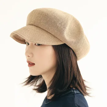 Новый Стильный Японский льняной берет, женская шапка, универсальная вязаная шапка, весенне-летние кепки с козырьком для путешествий