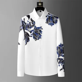Роскошные рубашки с цветочным рисунком, мужские повседневные рубашки с длинным рукавом, высококачественные деловые рубашки для светской жизни Camisa Masculina