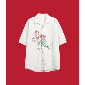 Рубашка с короткими рукавами, мужской однобортный белый короткий топ, летний Винтажный дизайн с вышивкой в виде розы, лацкан, Модный повседневный 1 шт.
