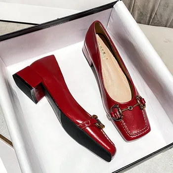 Французские модельные туфли с пряжкой в виде Лошади, Модные Женские туфли Mary Jane на Массивном Каблуке с Квадратным носком и Мелким Носком, Большие Полные Размеры 33-43