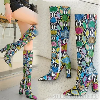Цветные Эластичные сапоги со змеиным узором на высоком каблуке с острым носком, несколько вариантов расцветки, Длинные сапоги до колена с квадратным носком, Повседневная обувь
