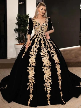 Черное роскошное мусульманское вечернее платье для женщин, бальное платье с короткими рукавами и аппликацией, вечернее платье для торжественного случая