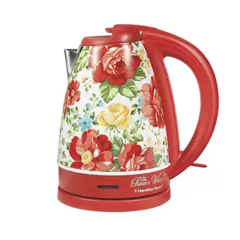 Электрический чайник с цветочным узором, красный, 1,7 литра