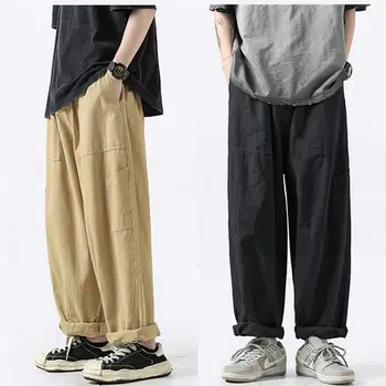 Японские Простые брюки-карго, винтажные рабочие брюки, мужские Летние Универсальные прямые Свободные широкие брюки